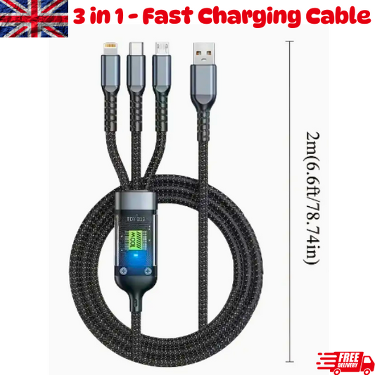 Multi 3 in 1 Fast Charging Cable for iPhone/Type A/C, Length 2m